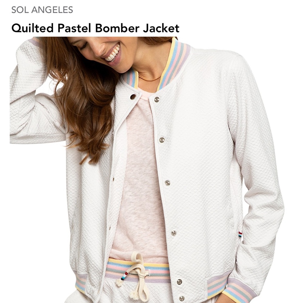 NWT SOL ANGELES Quilted Pastel Bomber Jacket in Ecru with rainbow bands XL - Picture 3 of 9